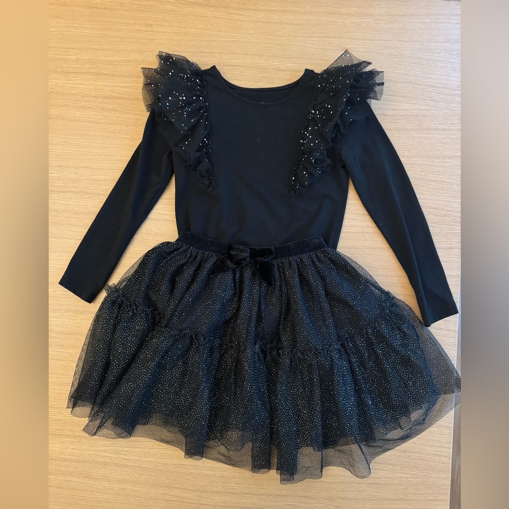 H&M Black Long Sleeve Tee with Sequin Embellishments and Black and Silver Tutu